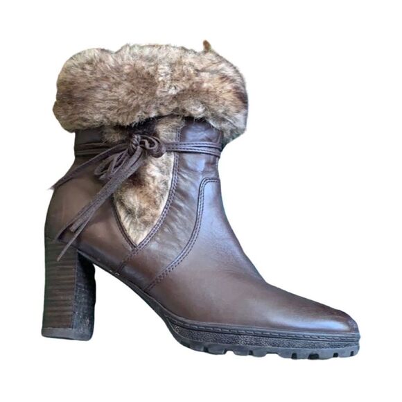 Caprice Shoes - Caprice Women's Leather Faux Fur Heeled Brown Boots - Size 8